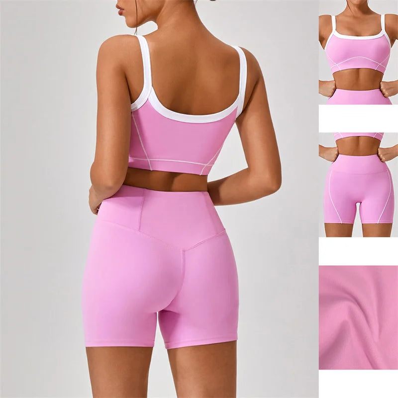 KiKis women's nude fitness shorts set in light pink with white trim, showing front and back views