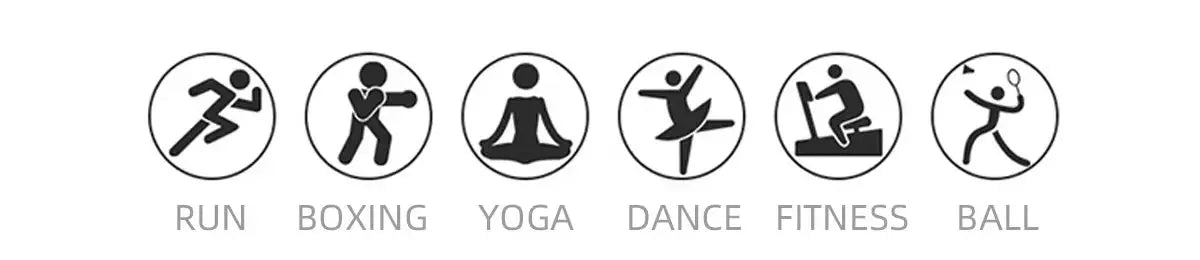 Icons representing activities suitable for women's nude fitness shorts set including run boxing yoga dance fitness and ball