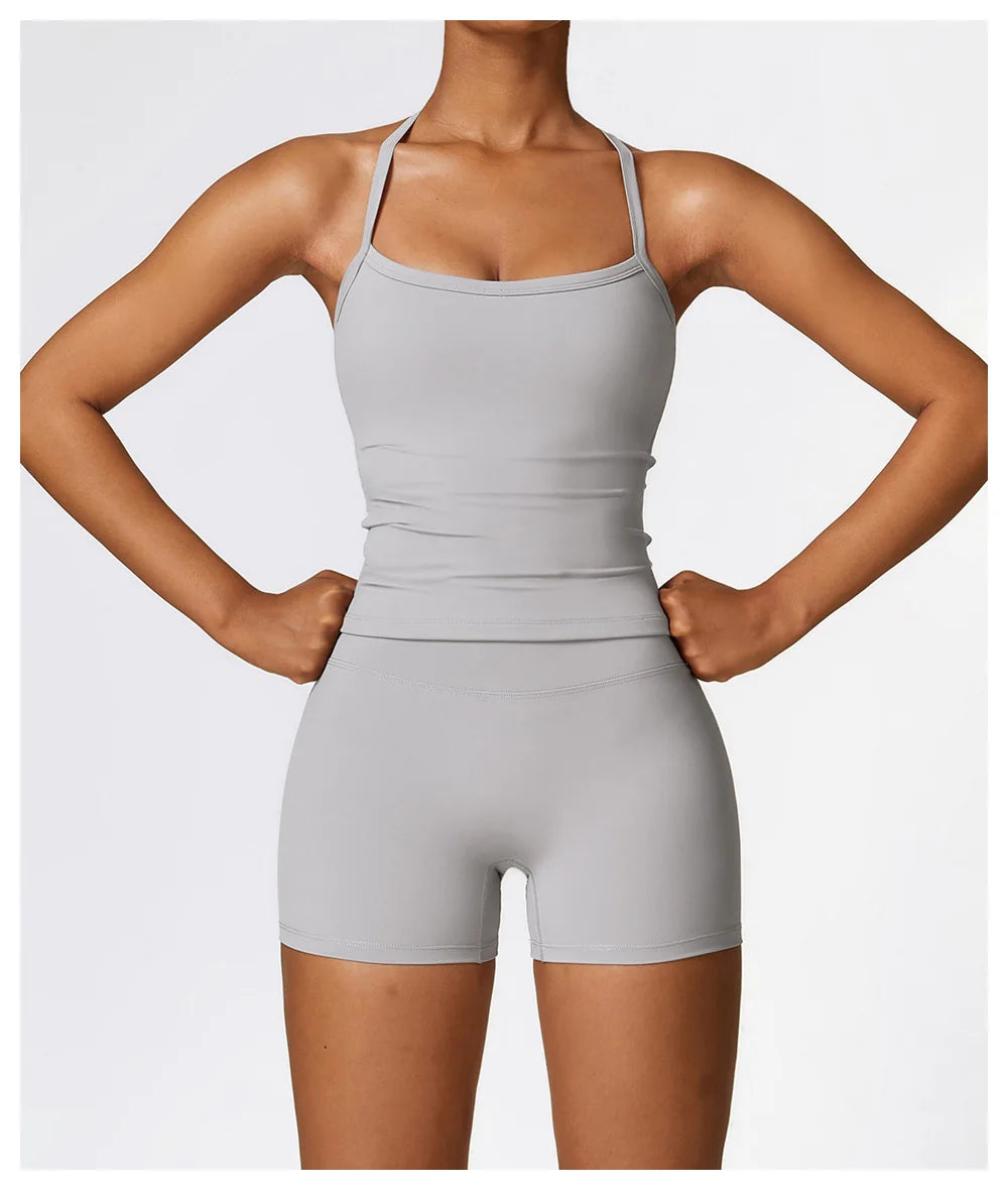 KiKis breathable gym workout bra for women in light gray with thin straps and fitted design