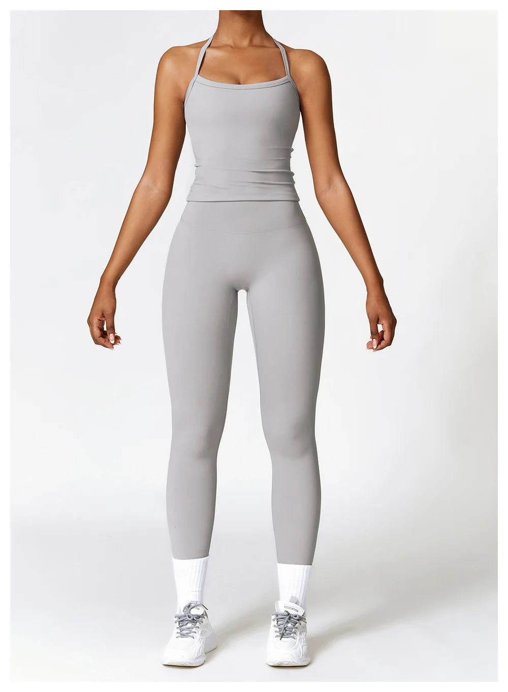KiKis breathable gym workout bra for women in light gray paired with matching leggings