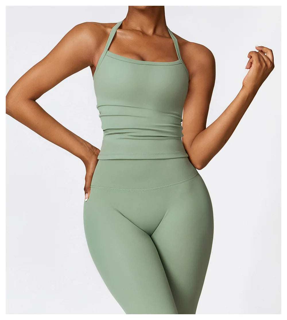 KiKis breathable gym workout bra for women in soft green with slim straps and fitted design