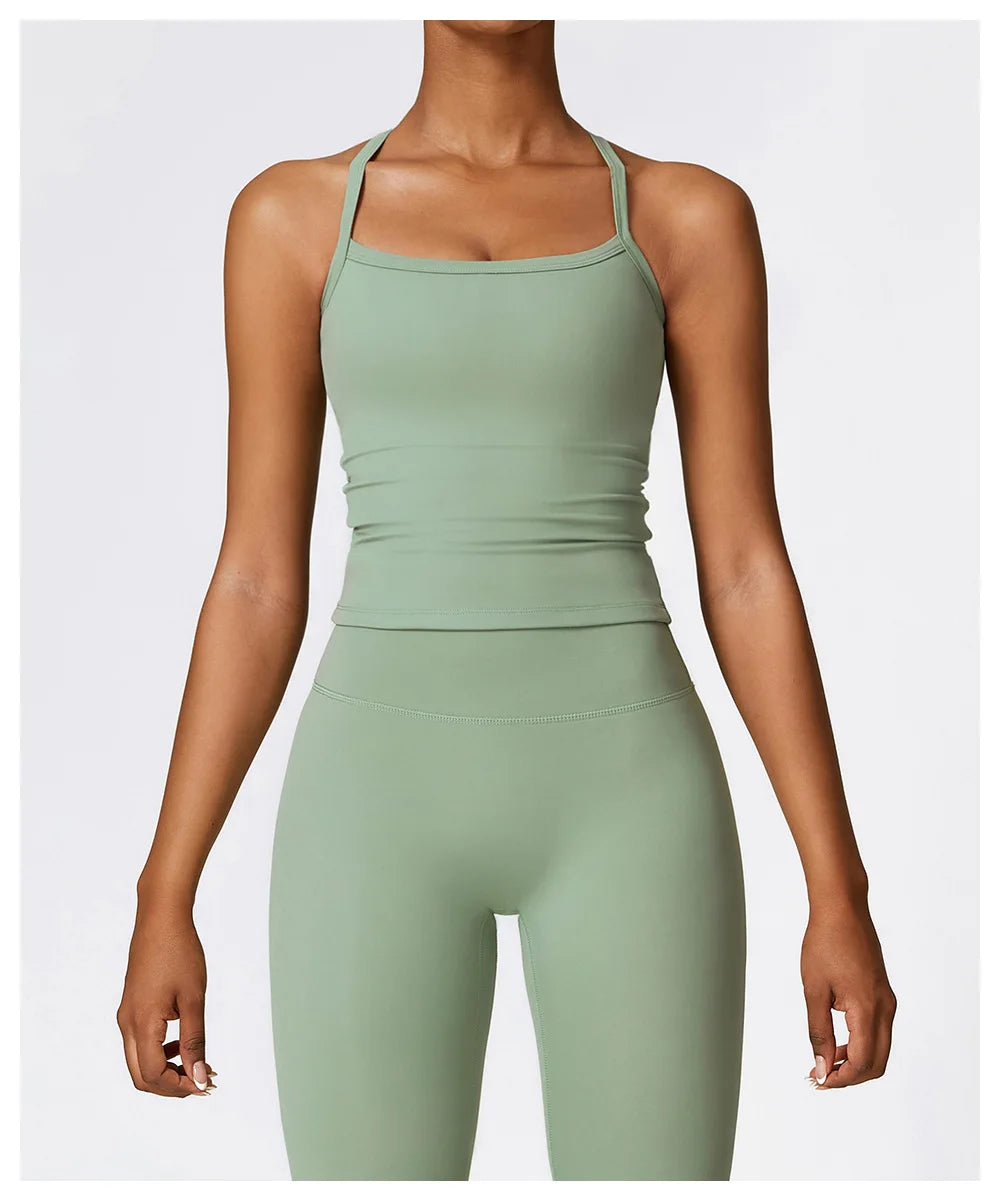KiKis breathable gym workout bra for women in light green with thin straps and fitted design