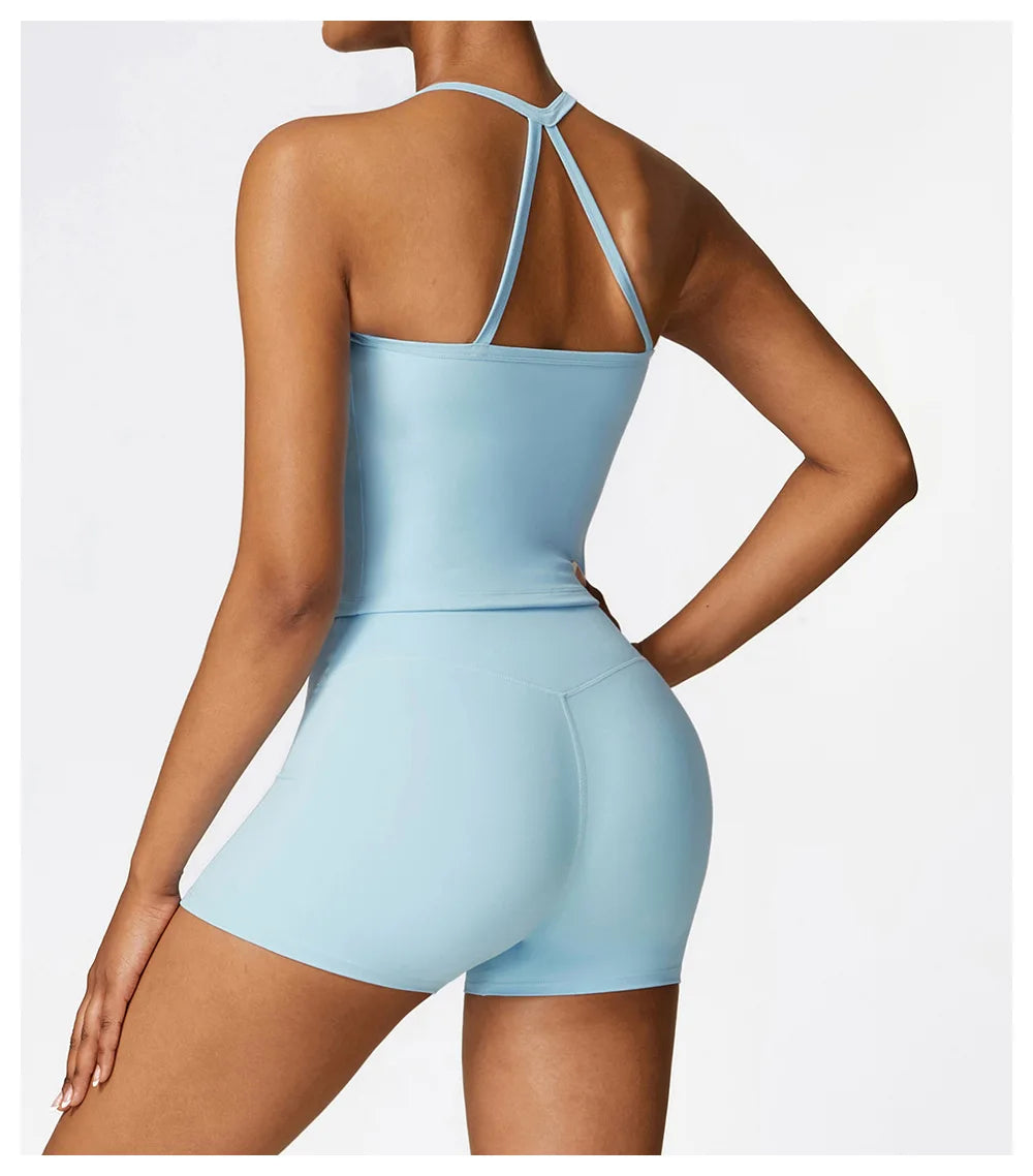 KiKis breathable gym workout bra for women in light blue with thin straps and racerback design