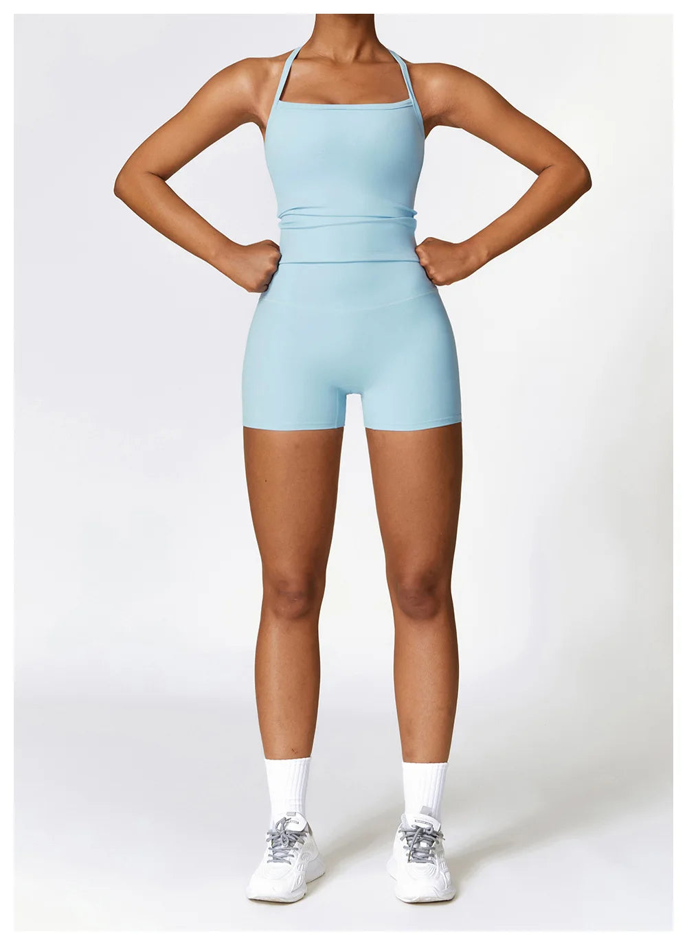 KiKis breathable gym workout bra for women in light blue with matching high-waisted shorts