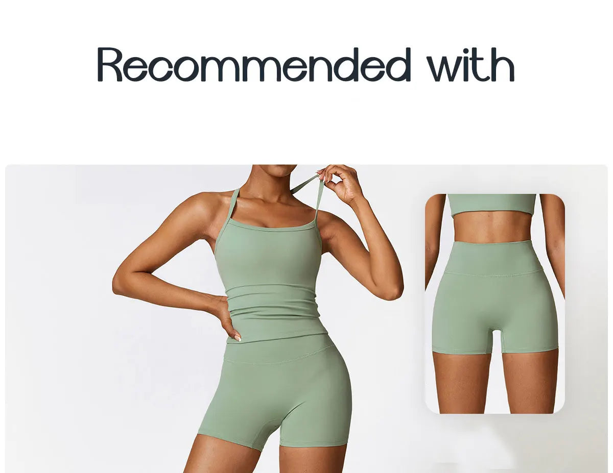 Breathable gym workout bra for women paired with matching green high-waisted workout shorts