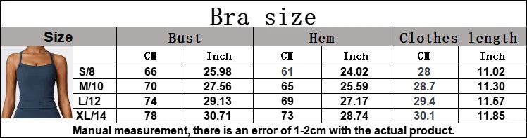 Size chart for breathable gym workout bra for women with bust hem and clothes length measurements in cm and inches