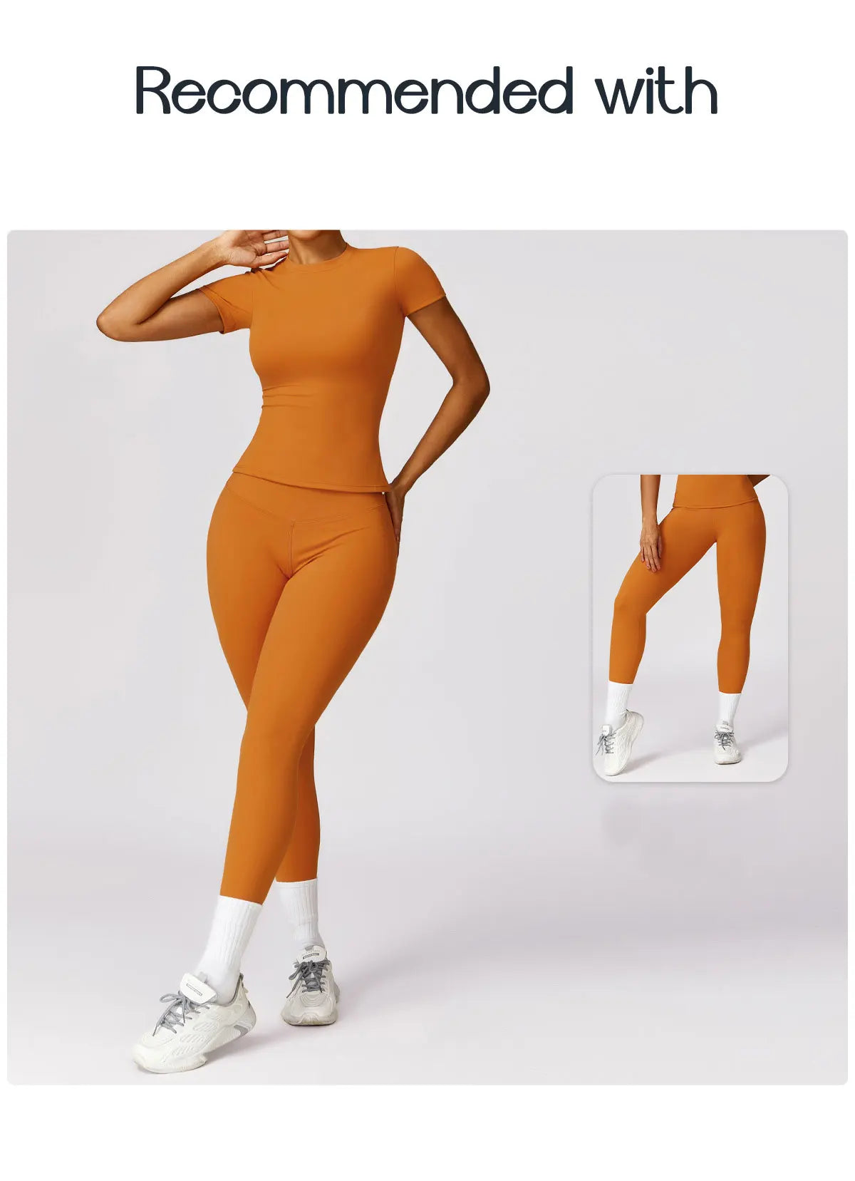 Seamless yoga top for women in orange paired with matching leggings by KiKis