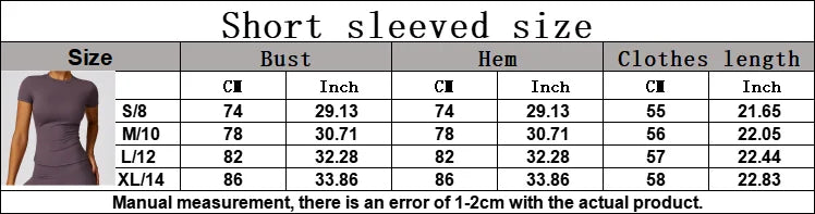 Size chart for KiKis seamless yoga top for women showing bust hem and clothes length measurements