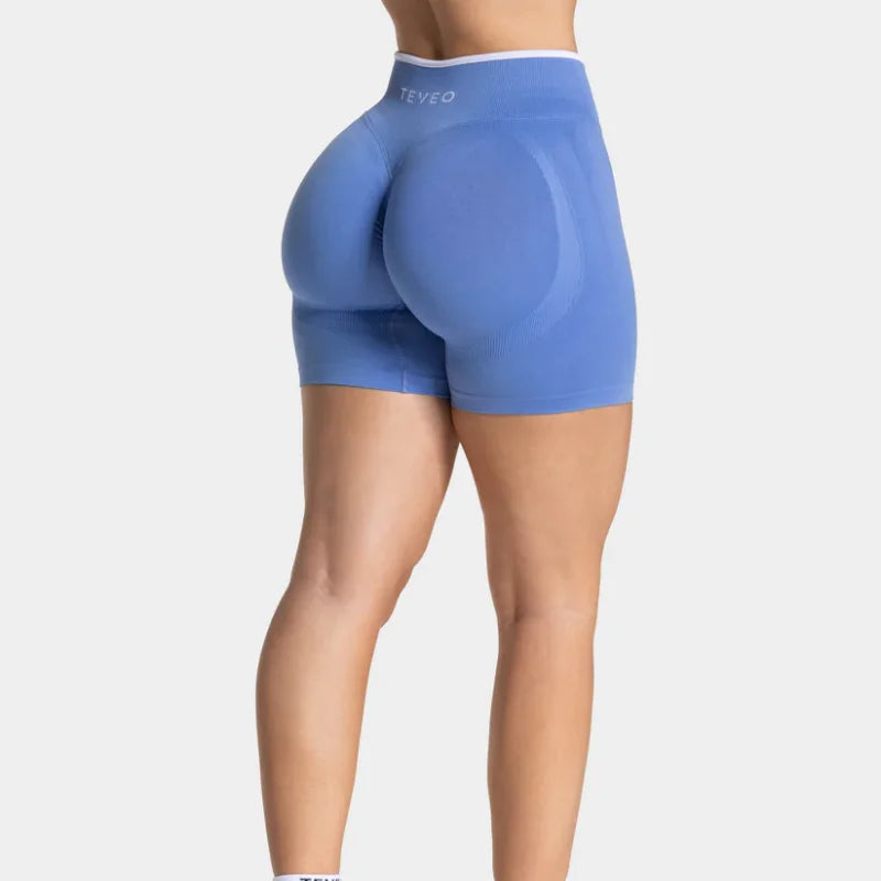 Blue women's seamless high waist gym shorts designed for comfort and flexibility during workouts