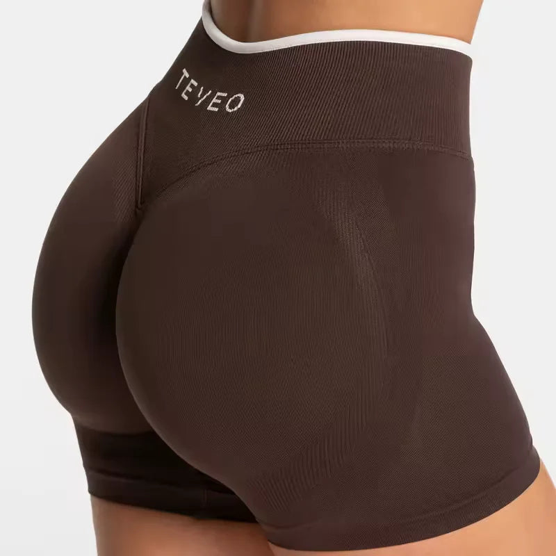KiKis women's seamless high waist gym shorts in brown with contour design and white waistband trim