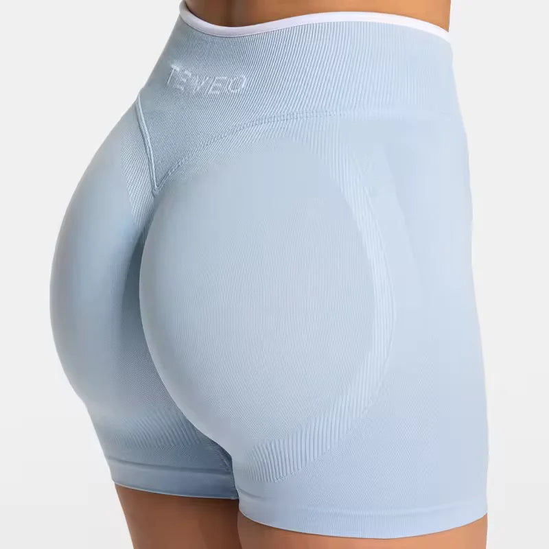 Light blue women's seamless high waist gym shorts with textured contour design for enhanced fit