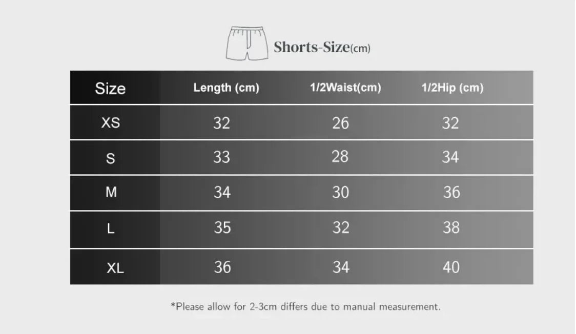 Size chart for women's seamless high waist gym shorts showing measurements for XS to XL