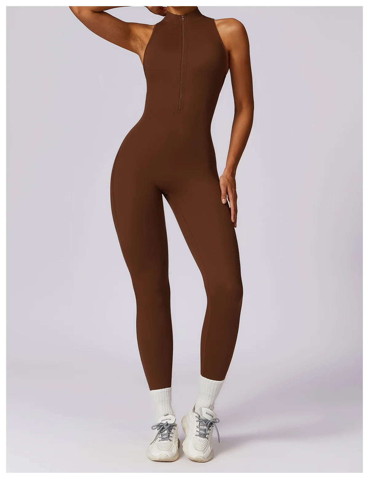 KiKis brown v back one-piece yoga suit with front zipper and sleeveless design