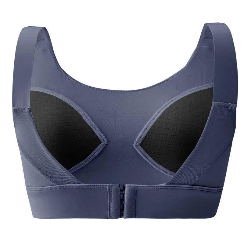 KiKis high impact sports bra for women in navy with adjustable back hooks and wide straps