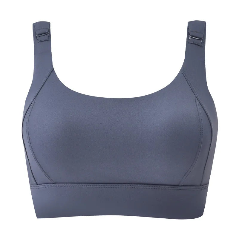 Gray high impact sports bra for women by KiKis with adjustable straps and supportive design