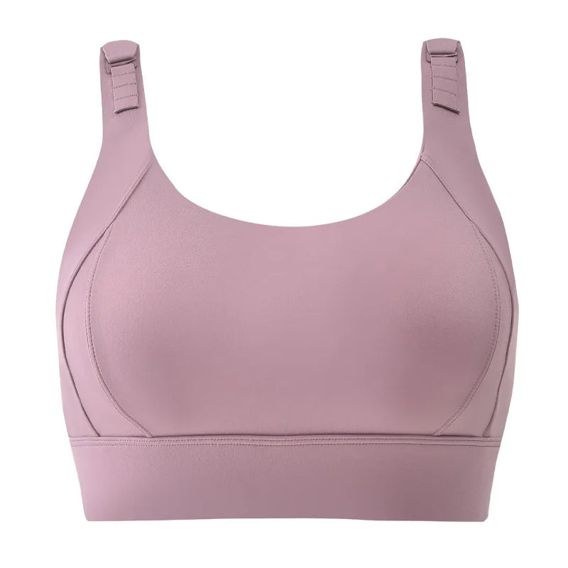 KiKis high impact sports bra for women in mauve with wide adjustable straps and supportive design