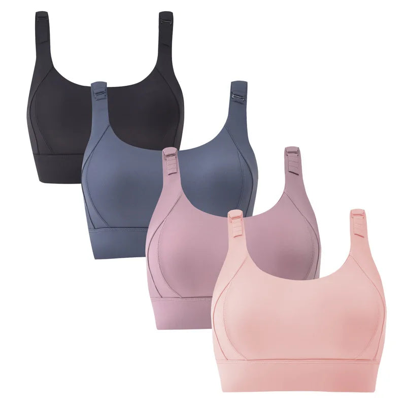 KiKis high impact sports bra for women in black, blue, mauve, and pink colors with adjustable straps