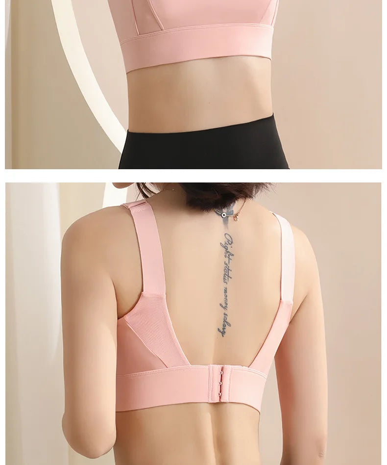 KiKis high impact sports bra for women in light pink shown from front and back views