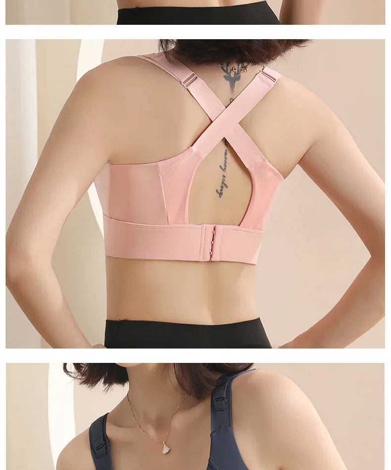 Pink high impact sports bra for women with adjustable crossed back straps and hook closure
