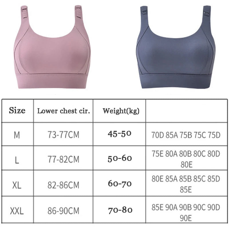 KiKis high impact sports bra for women in pink and gray with size chart for chest and weight