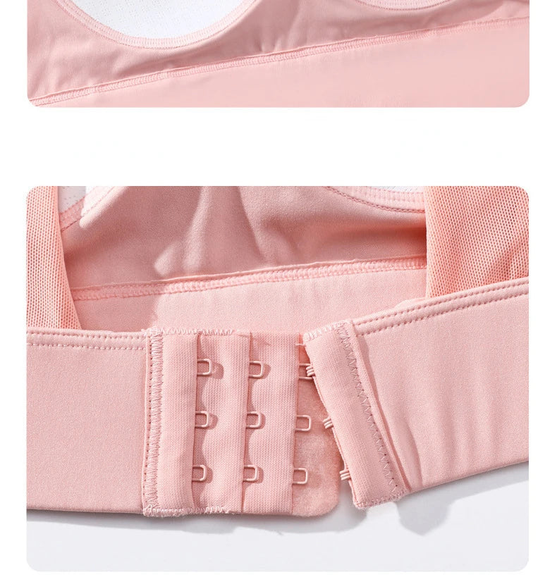 KiKis light pink high impact sports bra for women with adjustable hook closure and supportive design