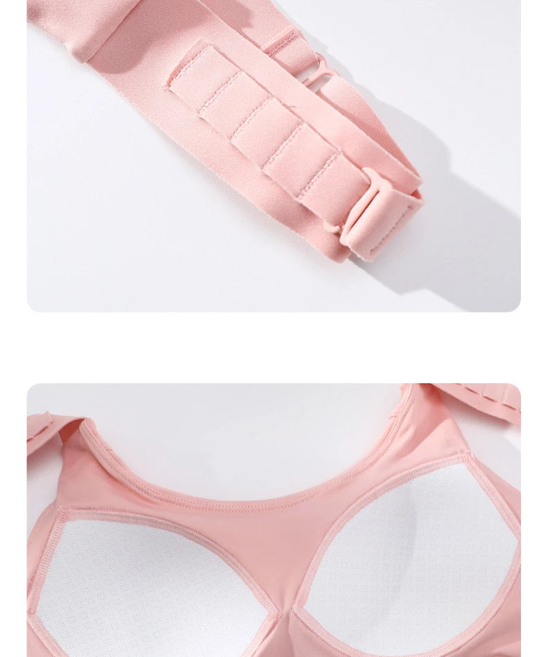 Close-up of adjustable strap and inner padding of KiKis high impact sports bra for women in light pink