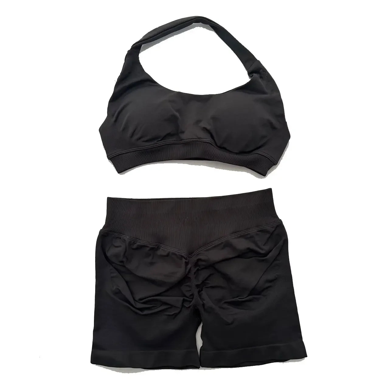 KiKis seamless fitness yoga set for women in black featuring a sports bra and high-waisted shorts