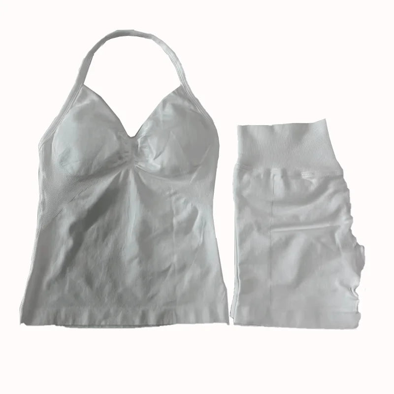 White seamless fitness yoga set for women including halter top and high-waisted leggings by KiKis