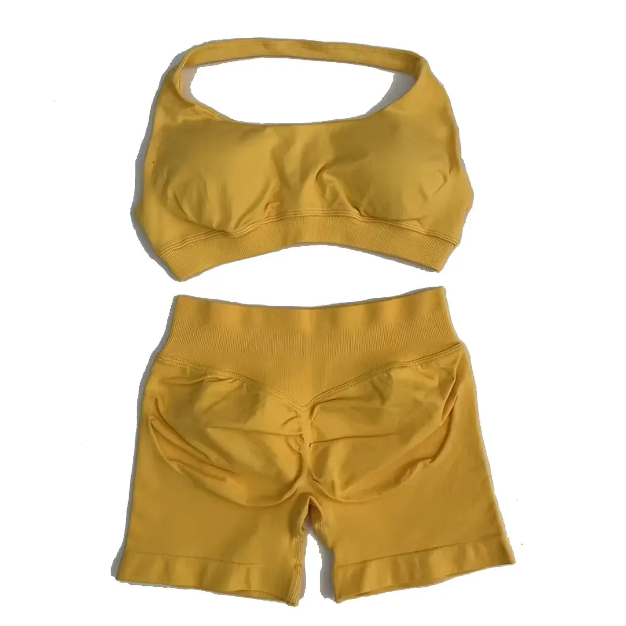 KiKis seamless fitness yoga set for women in mustard yellow with sports bra and high-waisted shorts