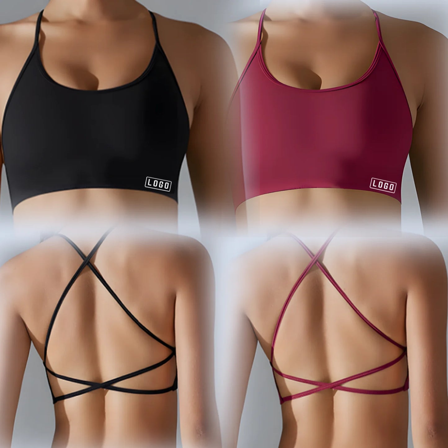 KiKis women's seamless sports bra in black and burgundy with crisscross back straps for comfortable support