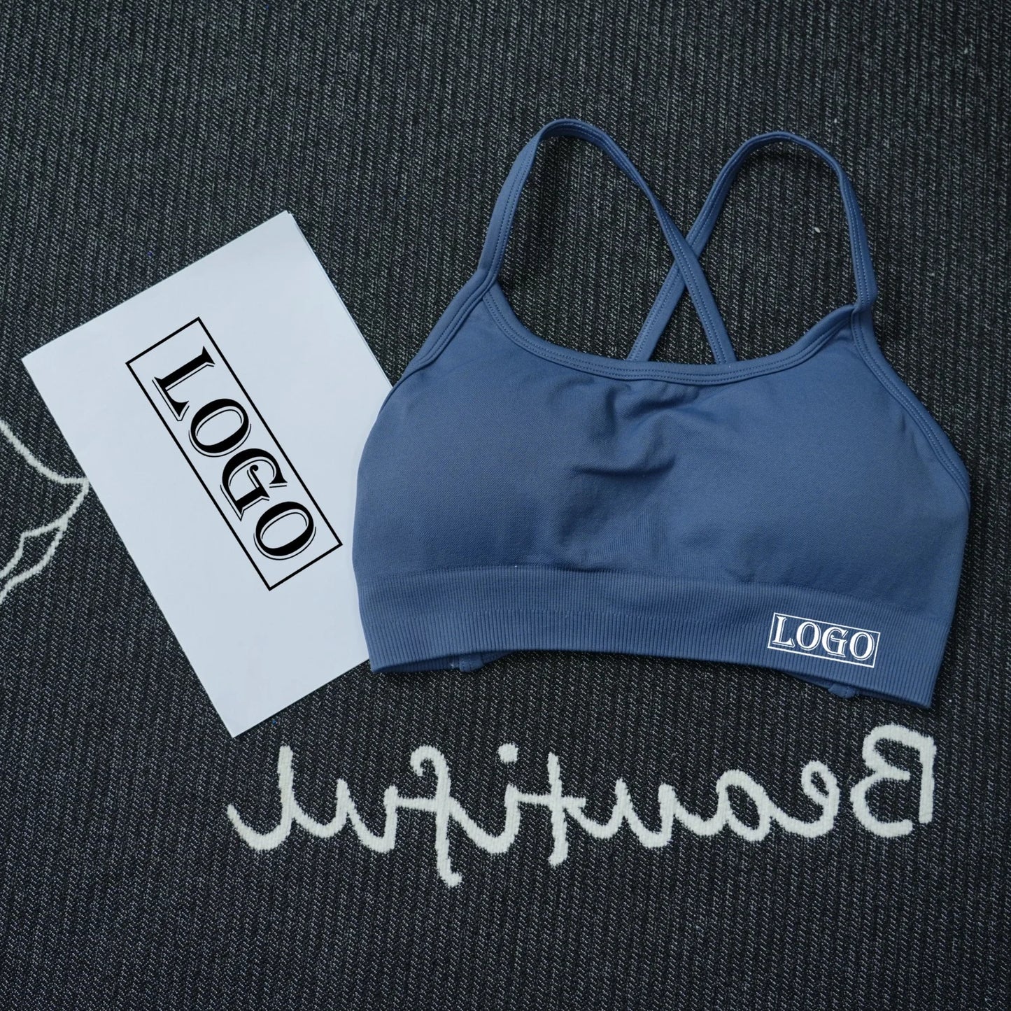 KiKis women's seamless sports bra in blue with crisscross back straps for comfortable support