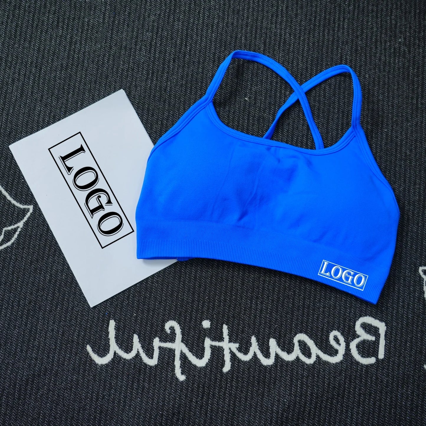 KiKis women's seamless sports bra in bright blue with crisscross straps for comfort