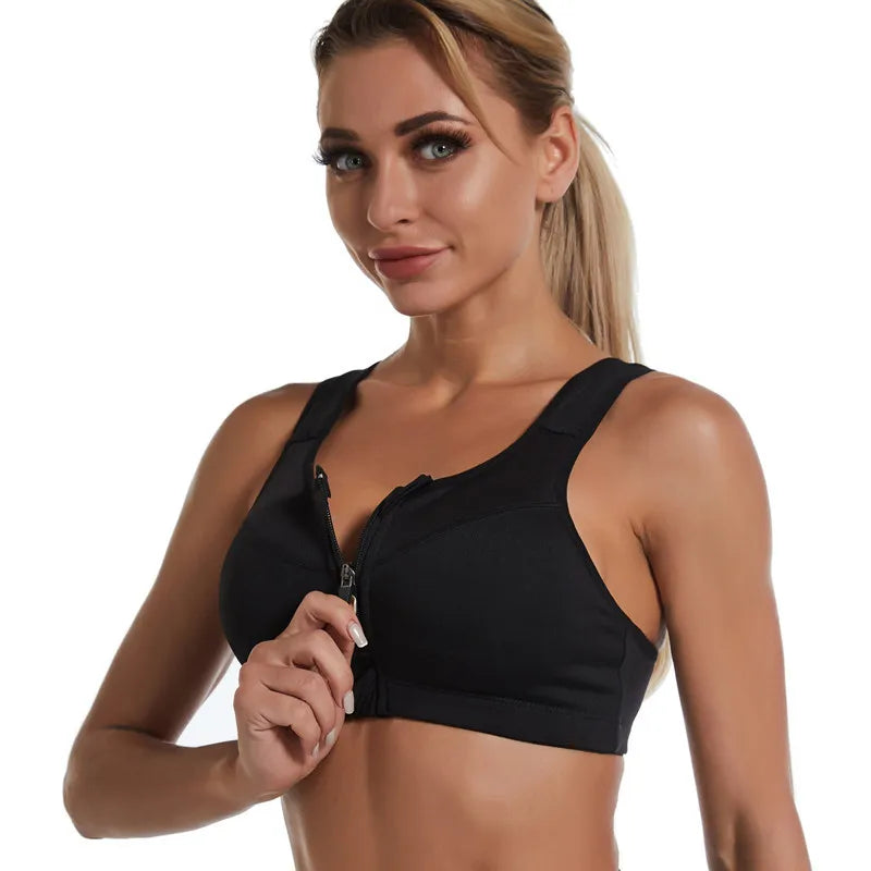 KiKis black zipper sports bra for women with front zipper and wide shoulder straps
