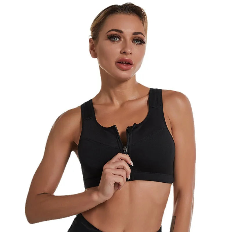 KiKis black zipper sports bra for women with front zipper and supportive fit