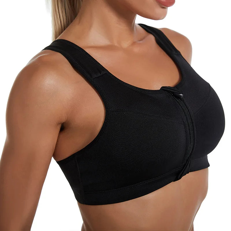 KiKis black zipper sports bra for women with wide straps and supportive fit