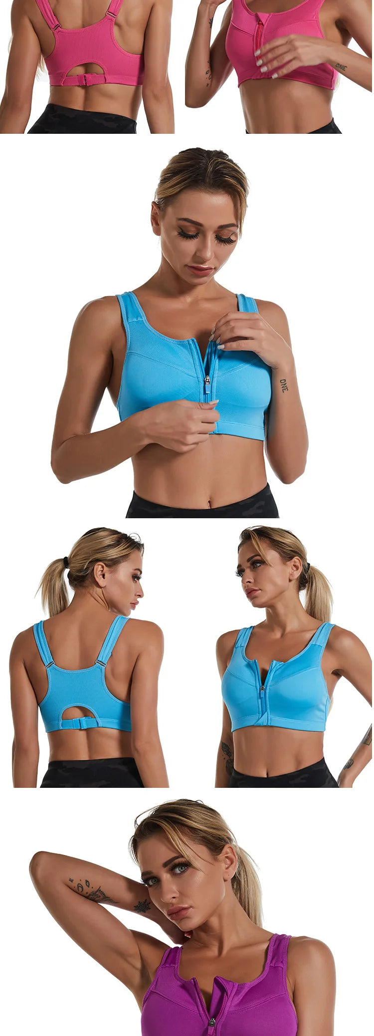 KiKis zipper sports bra for women in blue and purple with front zip and supportive straps