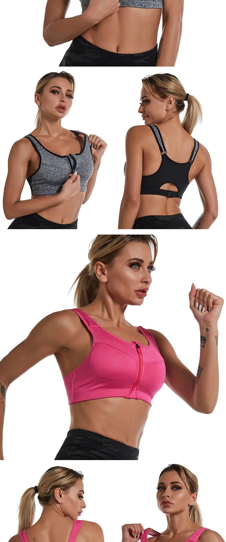 KiKis zipper sports bra for women in gray and pink with front zipper and supportive fit
