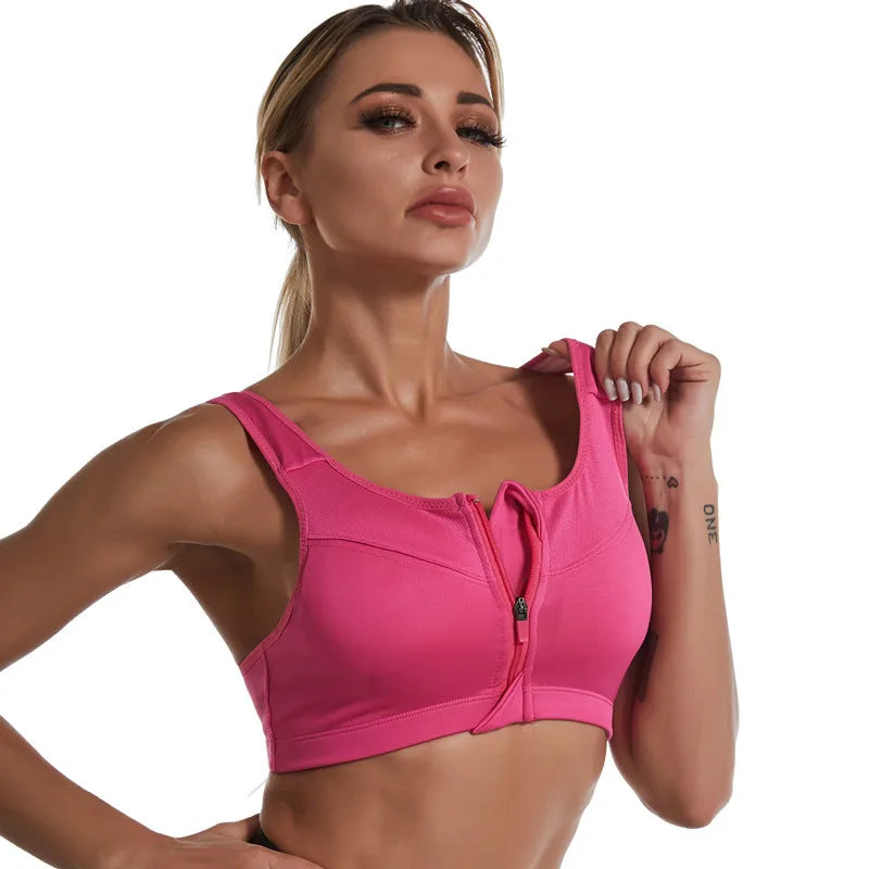 KiKis pink zipper sports bra for women with front zip and supportive design