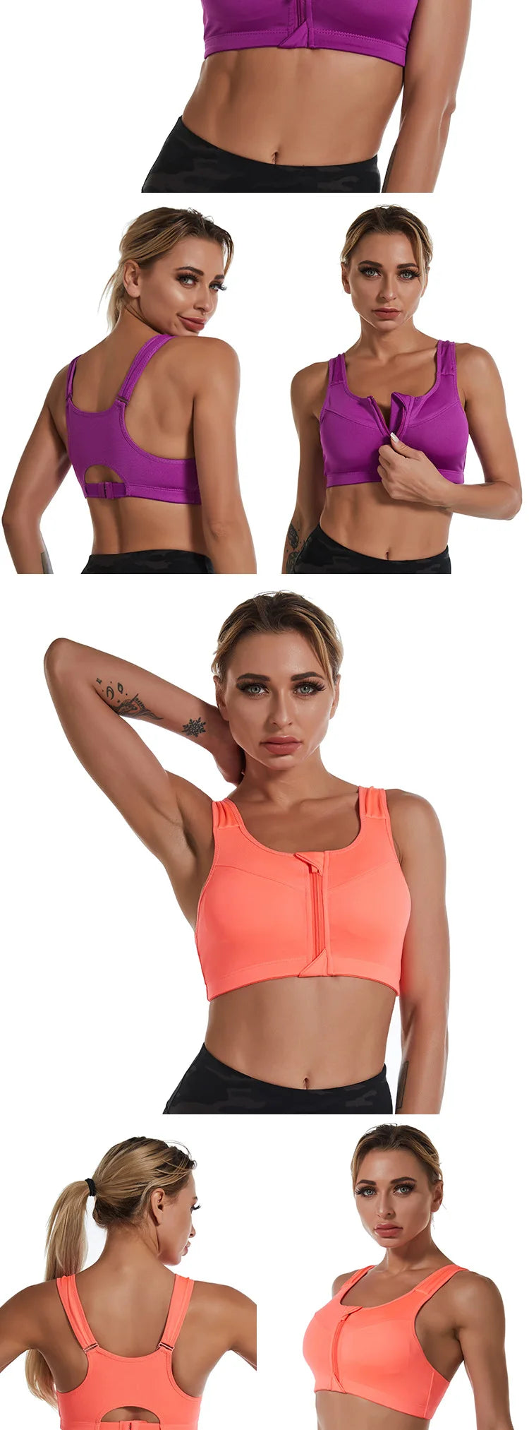 KiKis zipper sports bra for women in purple and coral colors with front zipper and racerback design