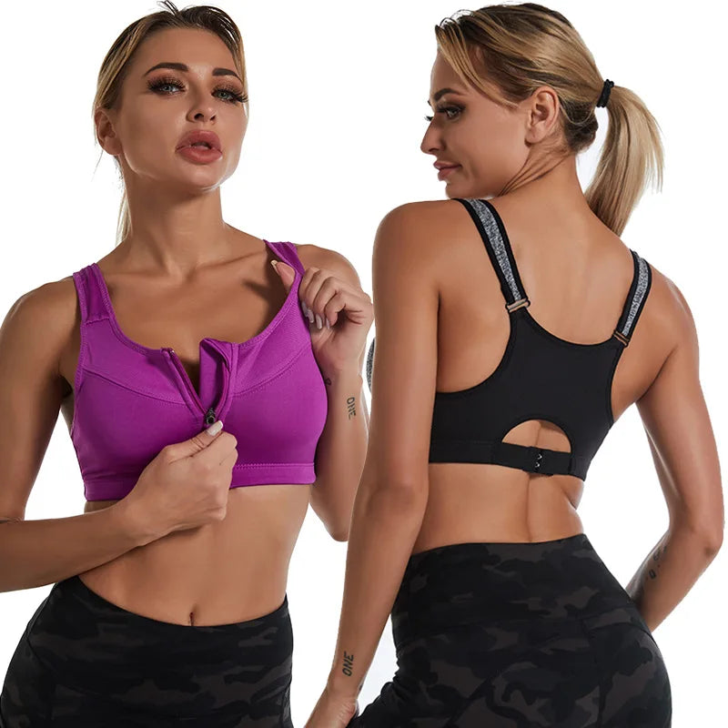 KiKis zipper sports bra for women in purple and black with adjustable straps and supportive fit