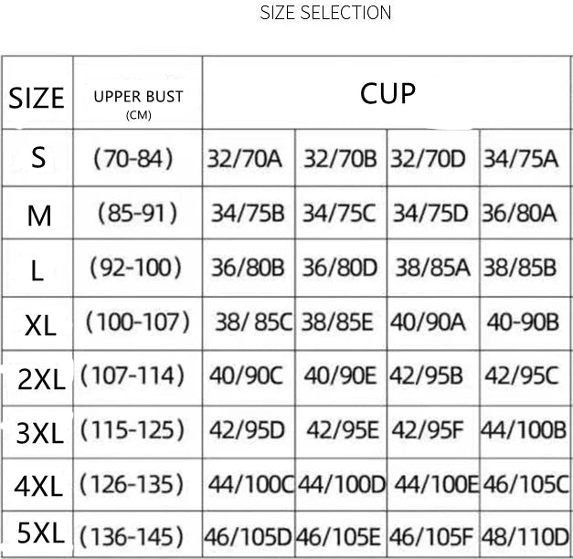 KiKis size chart showing measurements for zipper sports bra for women from size S to 5XL detailing upper bust and cup sizes