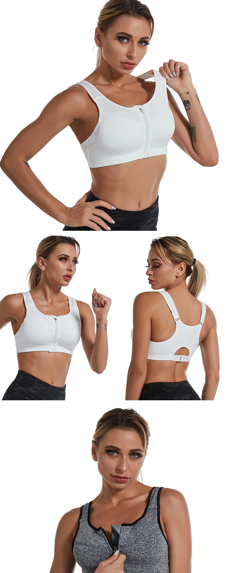 KiKis zipper sports bra for women in white and gray with front zip and supportive design