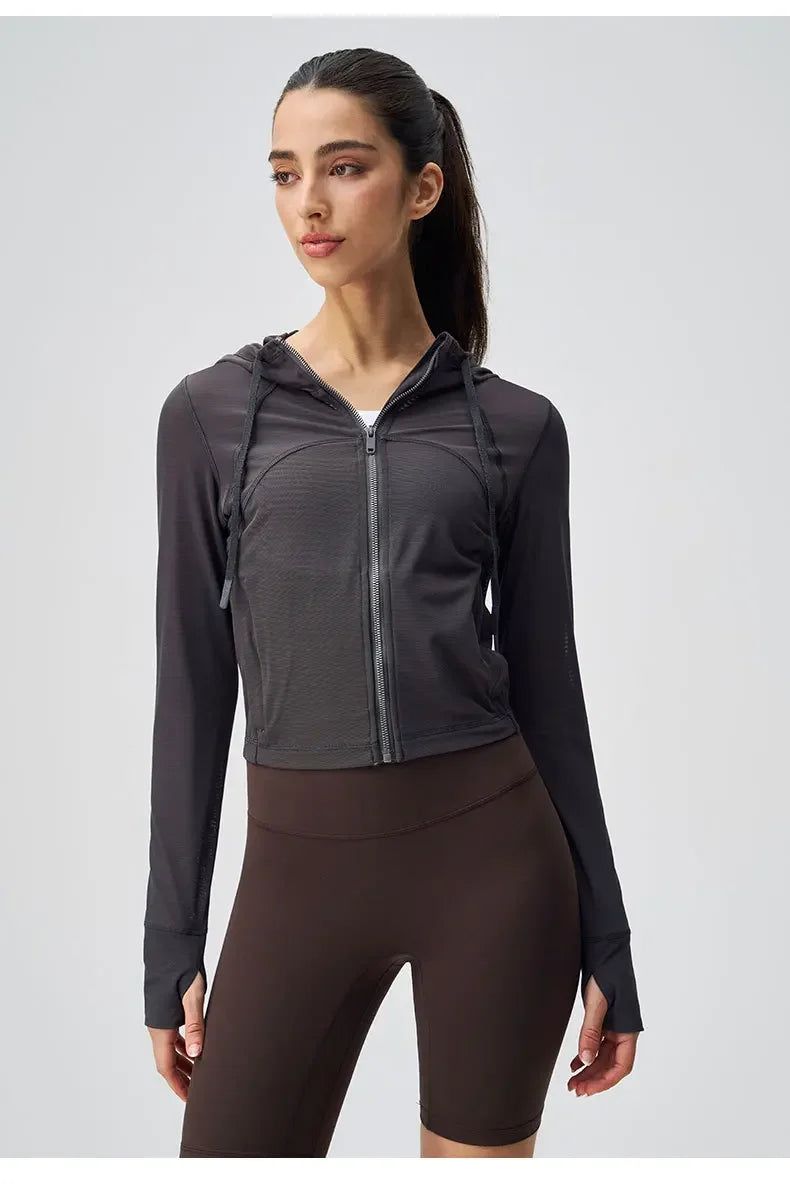 KiKis black zip-up hoodie and brown shorts breathable yoga clothes for women perfect for workouts