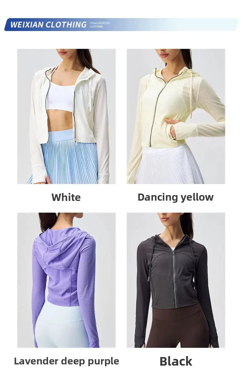 KiKis breathable yoga clothes for women in white, dancing yellow, lavender deep purple, and black with hooded zip jackets