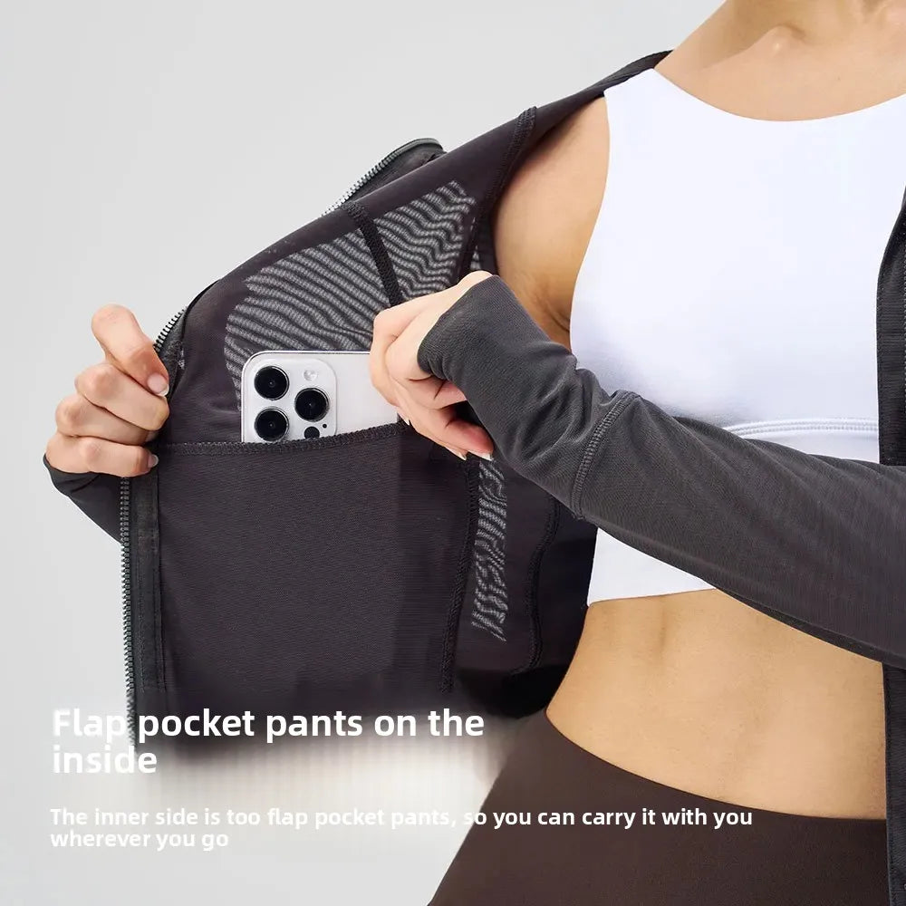 KiKis breathable yoga clothes for women with inner flap pocket holding a smartphone