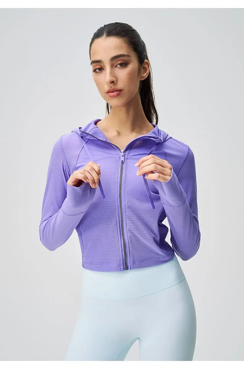 KiKis breathable yoga clothes for women featuring a lavender zip-up hooded jacket and light blue leggings