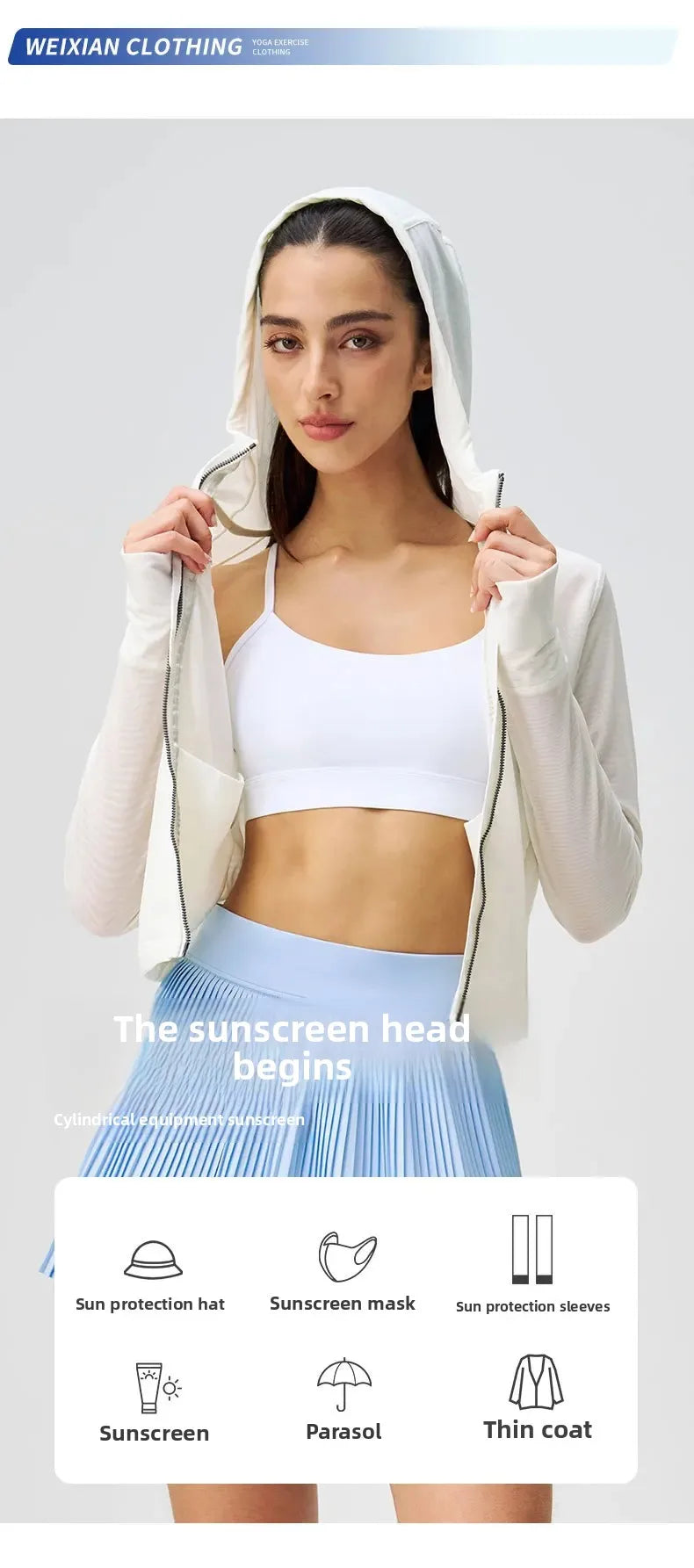 Woman wearing breathable yoga clothes for women including a white sports bra and light hoodie