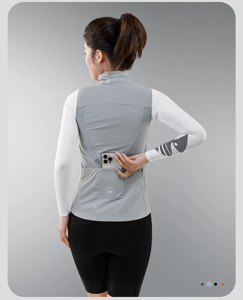 KiKis women's cycling vest summer in light gray shown from back with pocket holding a phone