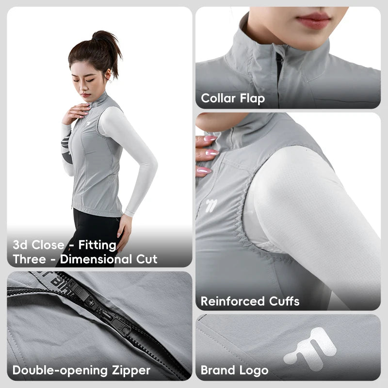 KiKis women's cycling vest summer in gray with close fitting, collar flap, reinforced cuffs, double-opening zipper, and brand logo