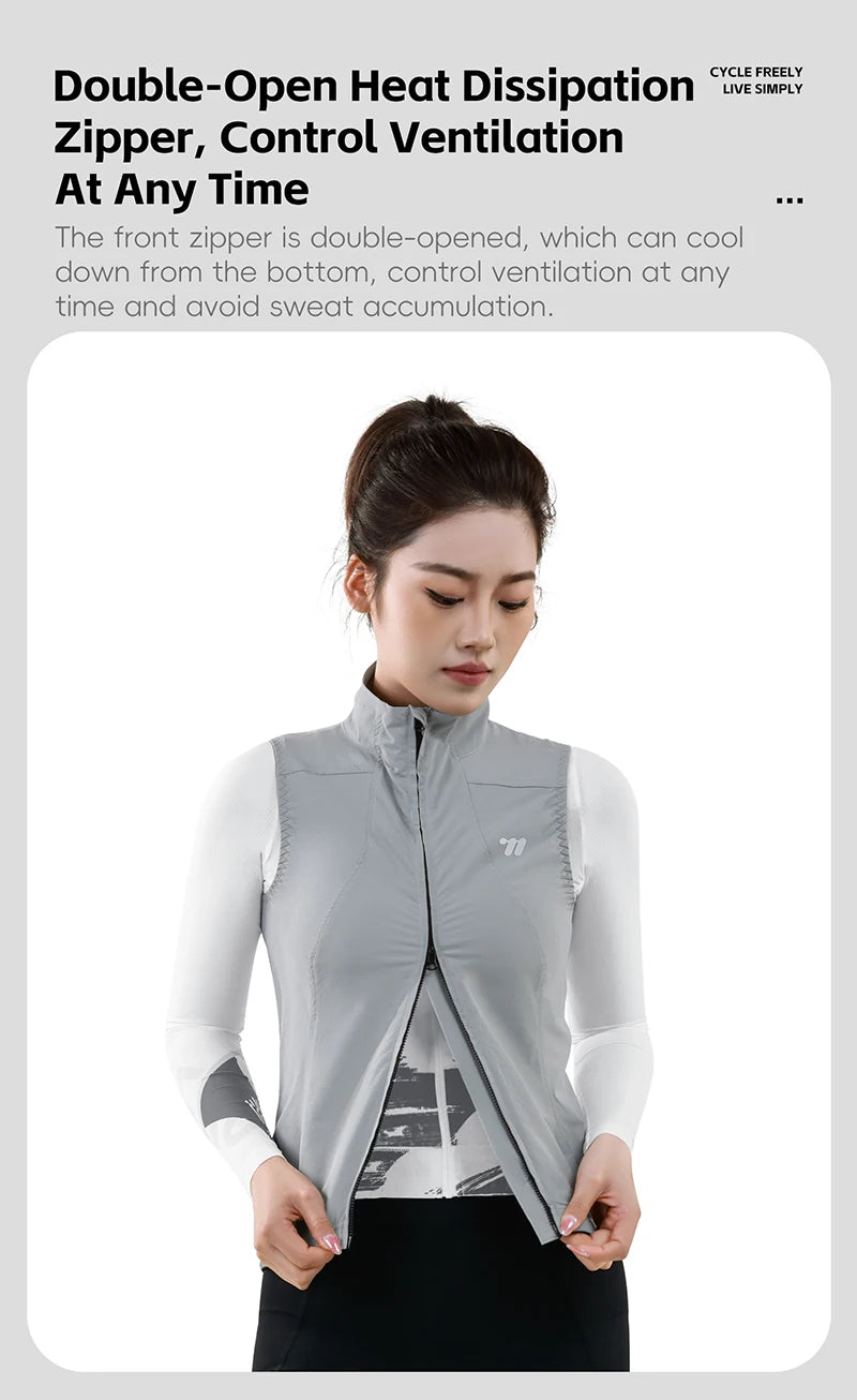 KiKis women's cycling vest summer in light gray with double-open zipper for ventilation